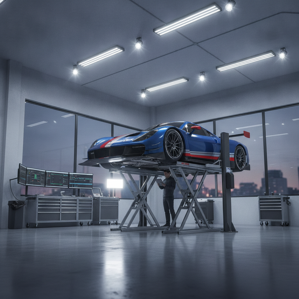 Performance car on a lift in a modern automotive shop bay